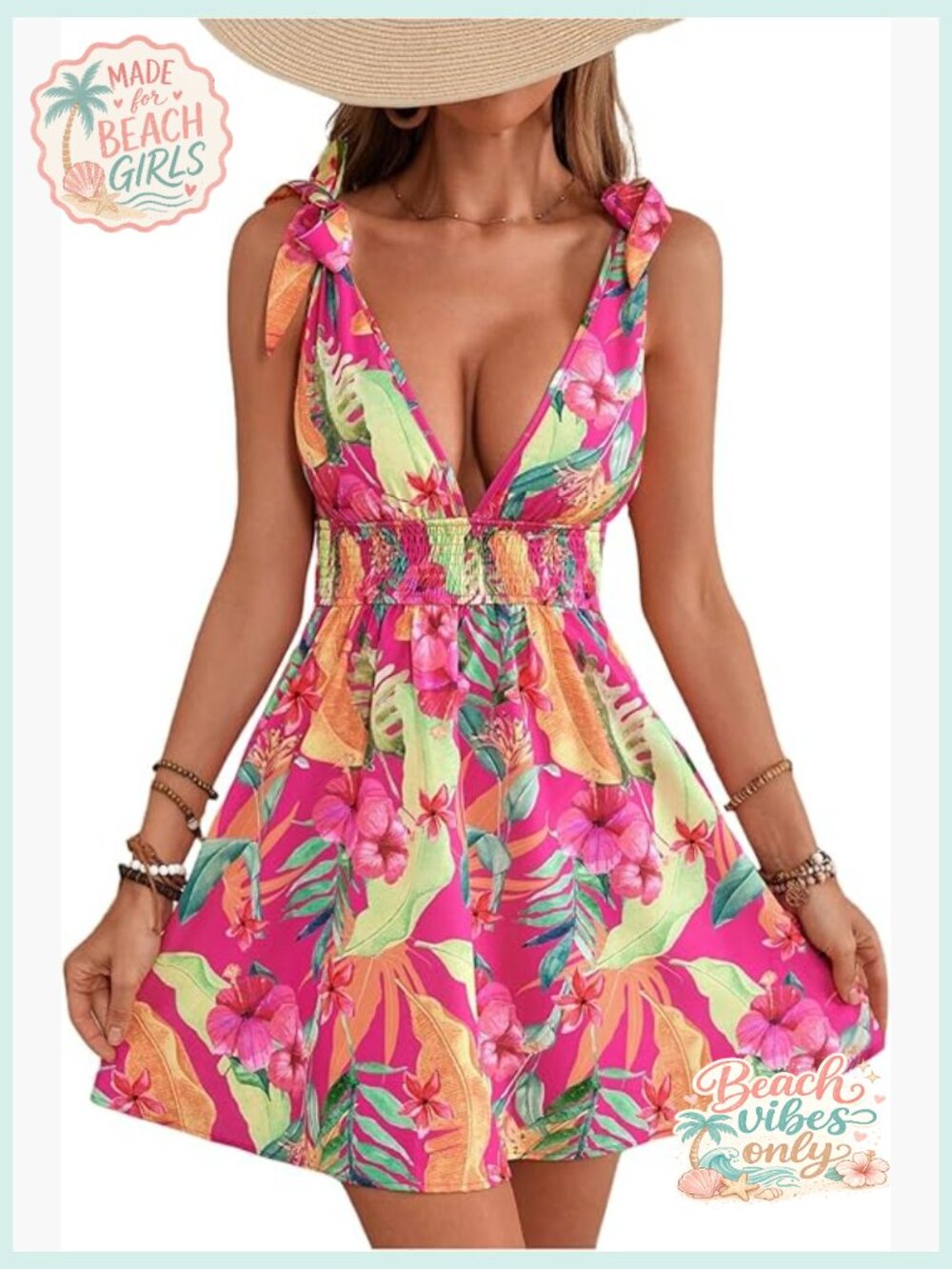 Women's Tropical Floral Mini Dress Backless V-Neck Tie Shoulder